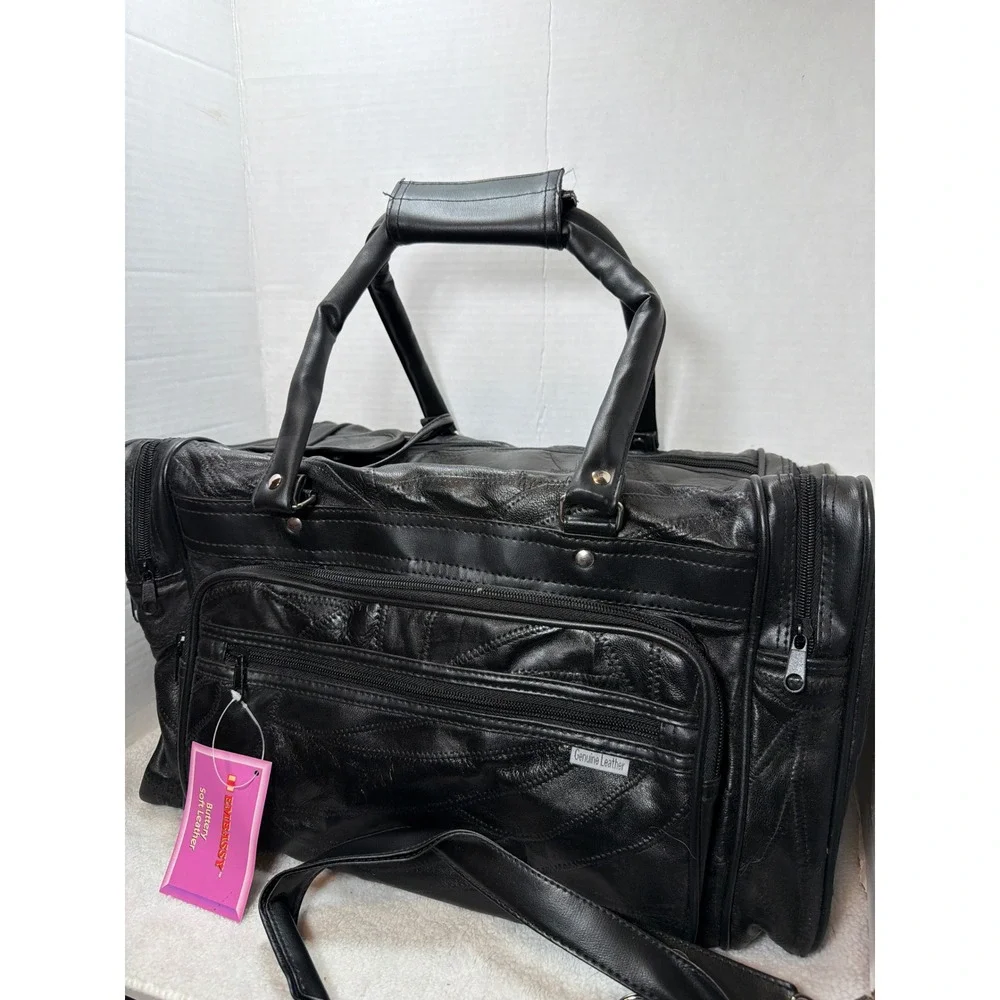 Embassy Tote Bag Unisex 17 Inch Black Genuine Patch Leather Duffle LULTS2 NWT